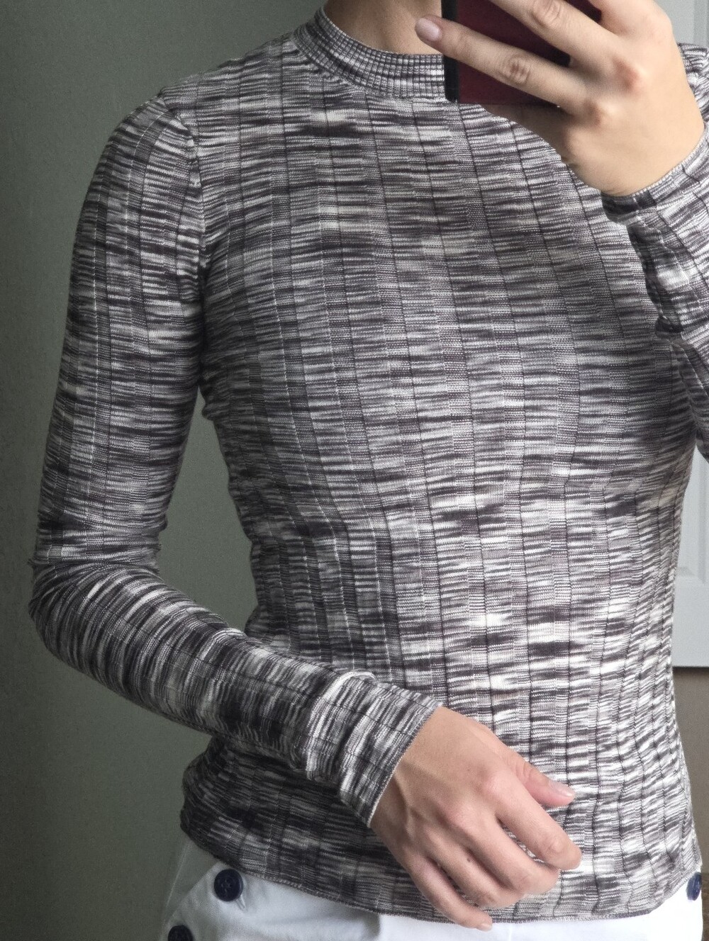 ATM Crewneck Long Sleeve Top XS Gray Silk & Cotton Blend Mock Neck Slim Fit